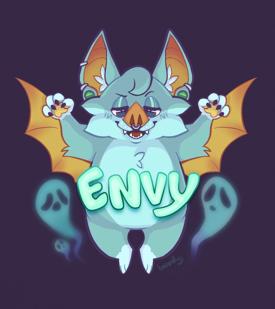 A digital illustration of Envy, a cute toony ghost bat character, hovering with his arms and wings extended upward. 'ENVY' is written in front of his belly in blocky lettering, and there are two small ghosts to his sides.
