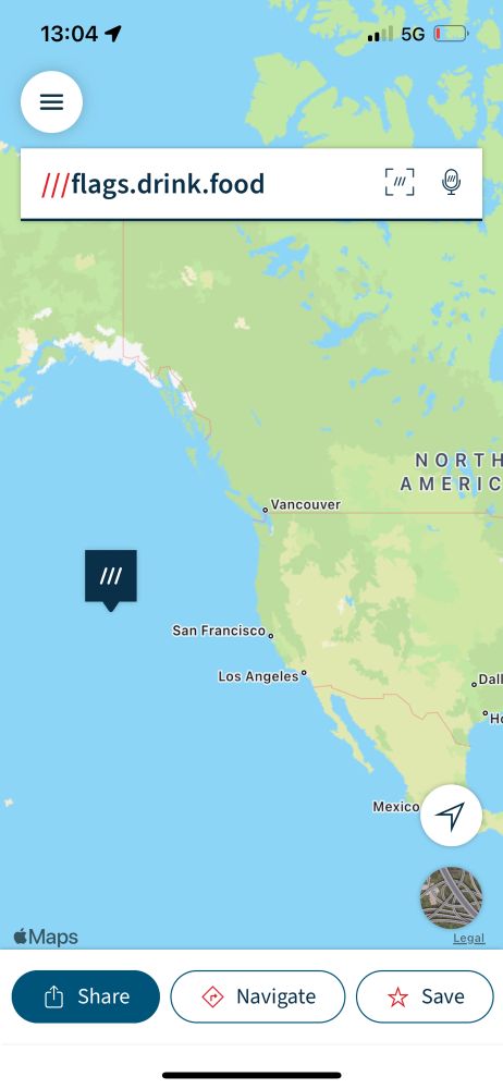 A what 3 words location in the Pacific Ocean west of San Francisco, called flags.drink.food