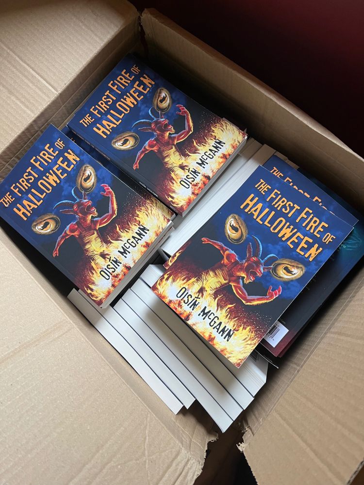 A box full of copies of my book, The First Fire of Halloween. The front cover features a púca, the mythical Irish shape-changer, as a muscular human figure with a goat's head. He's standing in a field in darkness, with a fire blazing in front of him. Inset in the dark sky above and behind him are a pair of yellow goat's eyes. The title is in orange against the sky, and my name is in black against the fire.
