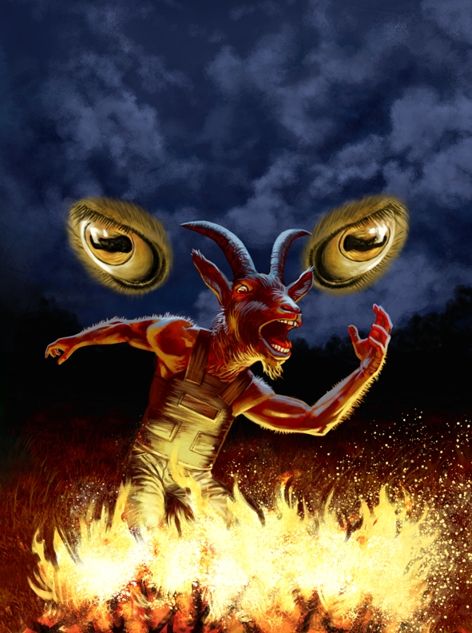 The cover artwork for my book, The First Fire of Halloween, digitally painted. An athletic human figure with the head of a goat stands over a wide bonfire in a field. Behind him, on either side, are the weird golden eyes of a goat, with their slot-shaped pupils. The background is grassy ground and a dark, cloudy sky.