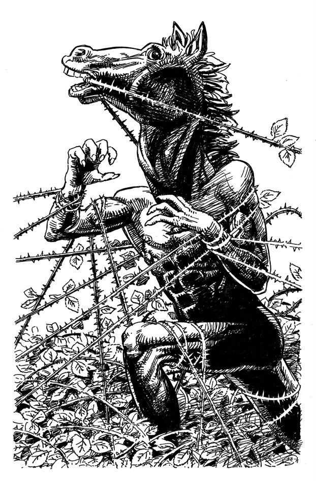 A black and white illustration of a púca, an Irish shape-shifter, in mid-transformation as he's caught in grasping bramble vines. He has the body of a man but the head of a horse.