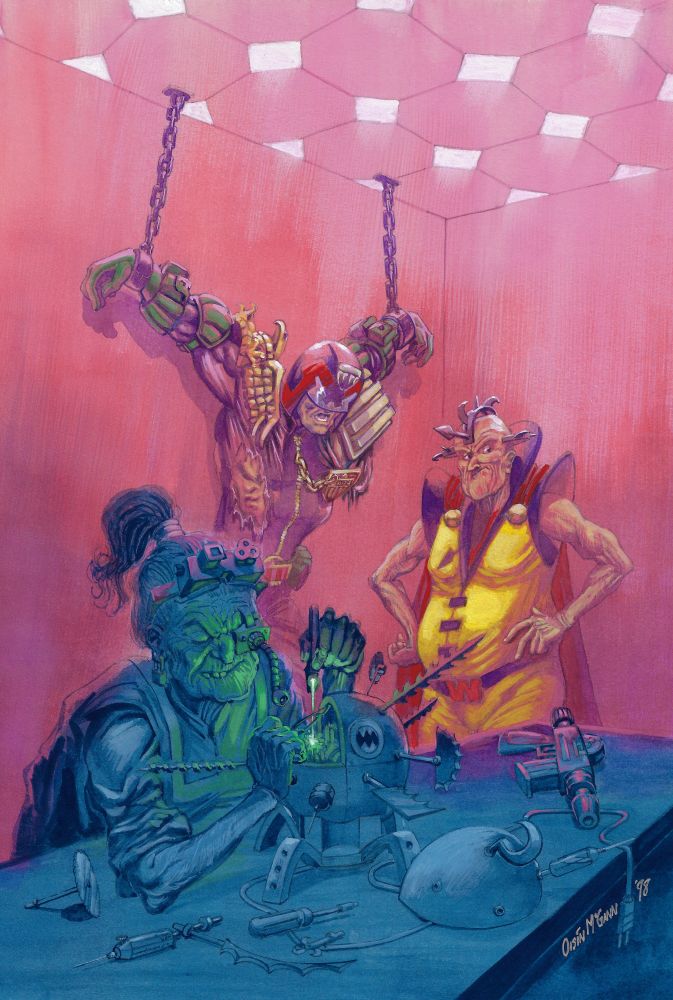 A painted illustration of Judge Dredd hanging from a ceiling in a pink room while he's being tortured by two elderly oddball characters. In the foreground, the old woman is at work bench, repairing a ball-shaped torture gadget while the old man behind her waits impatiently.