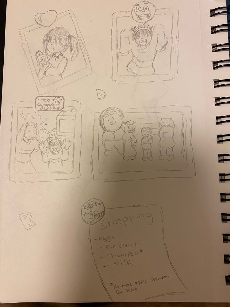 Various pictures on Toriel’s refrigerator depicting Kris, Asriel, and the Dreemurr family.