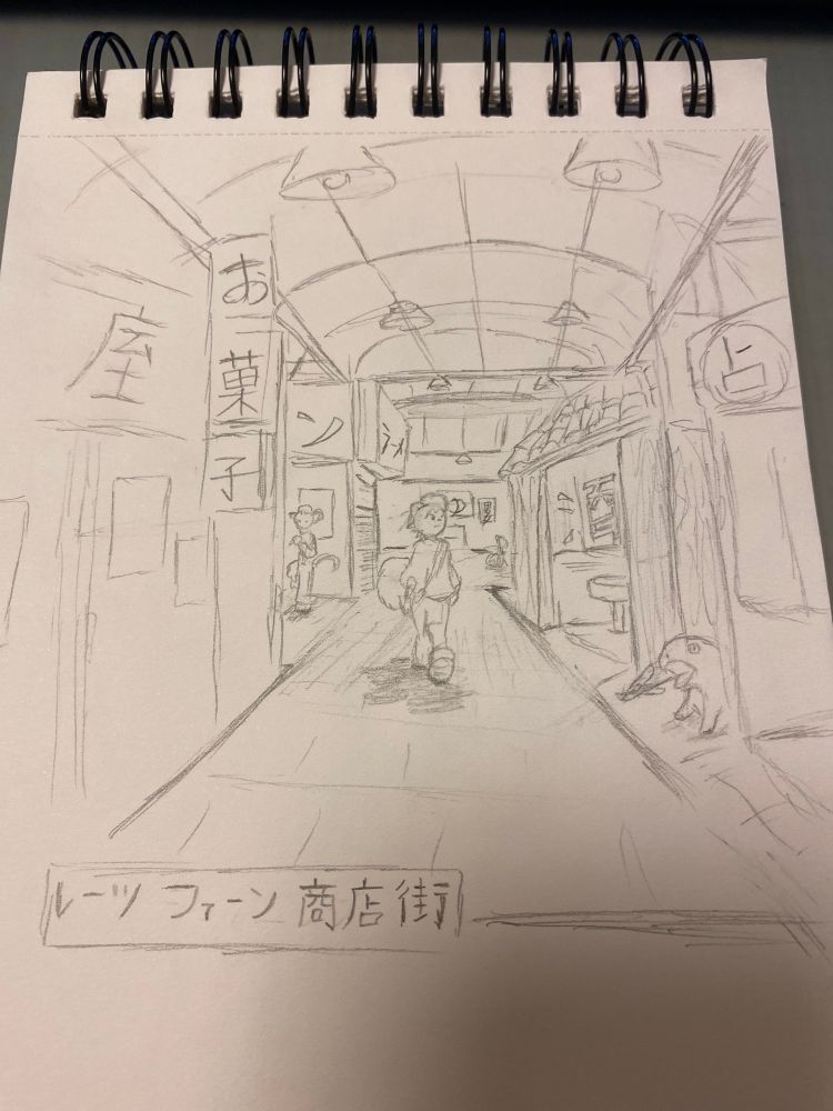 Midori walking down a covered shopping district 