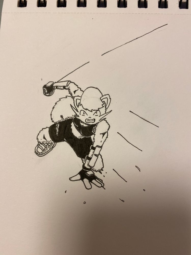 Midori in a fierce battle. She has lost her cloak and sustained several cuts. She is jumping back and preparing her next move.