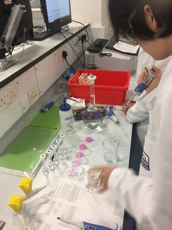 UCL chemistry students preparing calibration solutions for their diffusion tubes using the Griess-Salzmann reagent to prepare the pink diazo dye - volumetric and other glassware visible in the picture. 