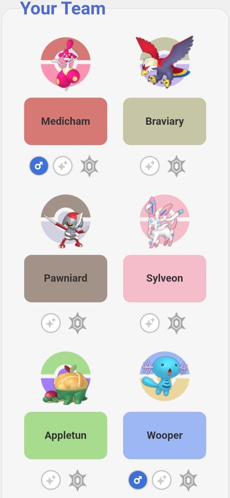 An image depicting a pokemon team consisting of medicham, braviary, pawniard, sylveon, appletun, and wooper
