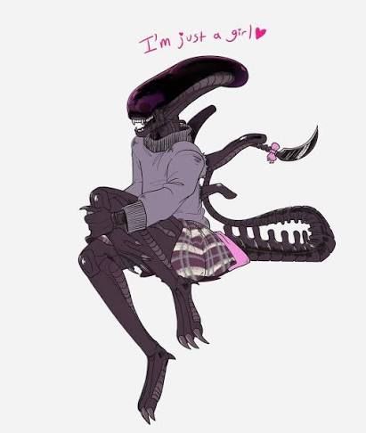 This is a drawing of the xenomorph from the alien franchise, with the text "I'm just a girl" ending with a small red heart. The Xenomorph is posed and drawn like a high school or college girlfriend, where the xenomorph is holding her left leg in her arms and pulling it partway towards her torso. She appears to be smiling, though with the fangs and lack of discernable lips, one could argue that it is merely opening its mouth part way. She is wearing a lavender sweater and a plaid skirt with large white and purple stripes. There are also two pink bows on the tail: one at the base and the other right before the blade-like stinger at the end of the tail. The artist is likely named mutil8or on Instagram. That would be mutilator, but replace the a and the t with a single number 8.