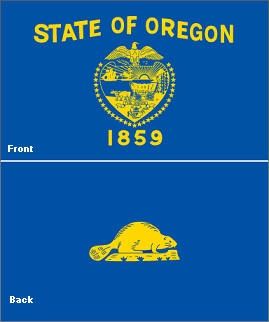 A Pic showing the front of the Oregon state flag and it's back, which has an image of a beaver