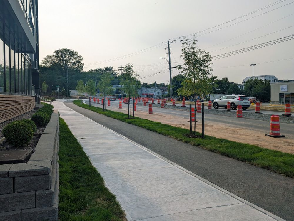 Another view of the completed sidewalk, bike lane, strip of trees, and roadway, which are laid out parallel to one another in that order.
