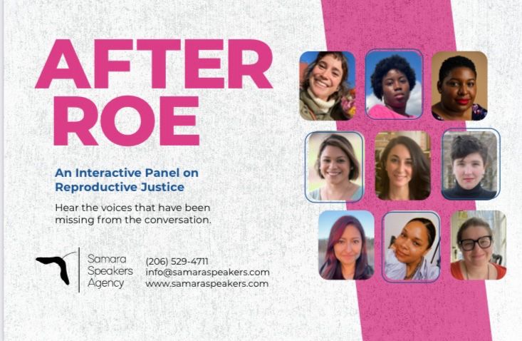 Promotional postcard with images of a variety of women, reading ‘After Row: An Interactive Panel on Reproductive Justice’