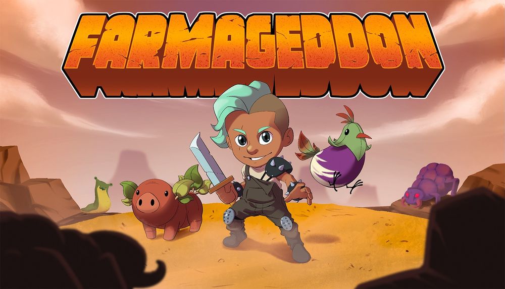Key art for the game Farmageddon. A human character with knife in hand is standing on a sandy desert hill next to a couple of plant-animal hybrid creatures. In the background are insect-like creatures sneaking up on them, with more of these creatures looming in the foreground.