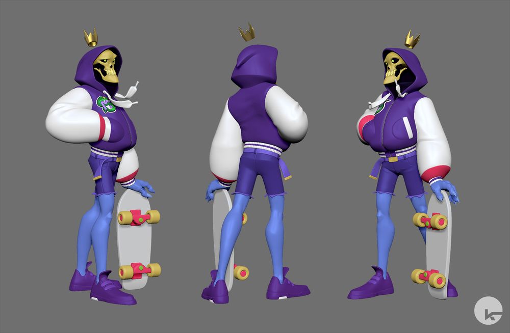 A stylized fan art sculpt of Skeletor (from He-Man and the Masters of the Universe) as a skateboarder. Based off a redesign by Vanja Todoric.