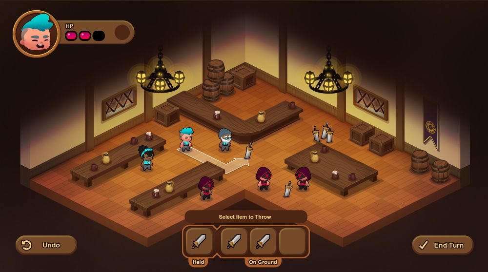 A mockup of a turn-based tactics game called Tavern Brawl Dungeon Crawl done for a game jam.