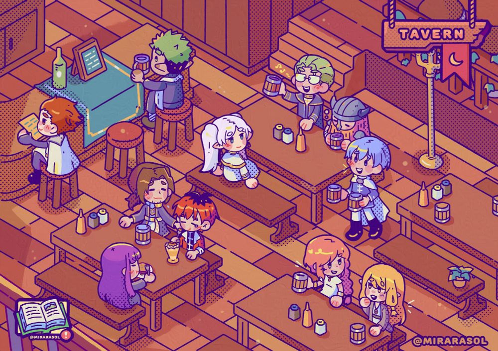 Frieren and friend's at a tavern. 
From left to right: 
At the counter is Stark's brother reading the menu and and the monk holding a beer. 
On the top most table is the party of heroes. Heiter is holding a beer beside him is Einsen asleep. Then on the right most is Himmel holding two beers for Frieren. 
On the table below at the left area is Sein comforting a sad Stark and opposite is a pouting Fern. On the right table is Flamme and Serie talking to each other. 