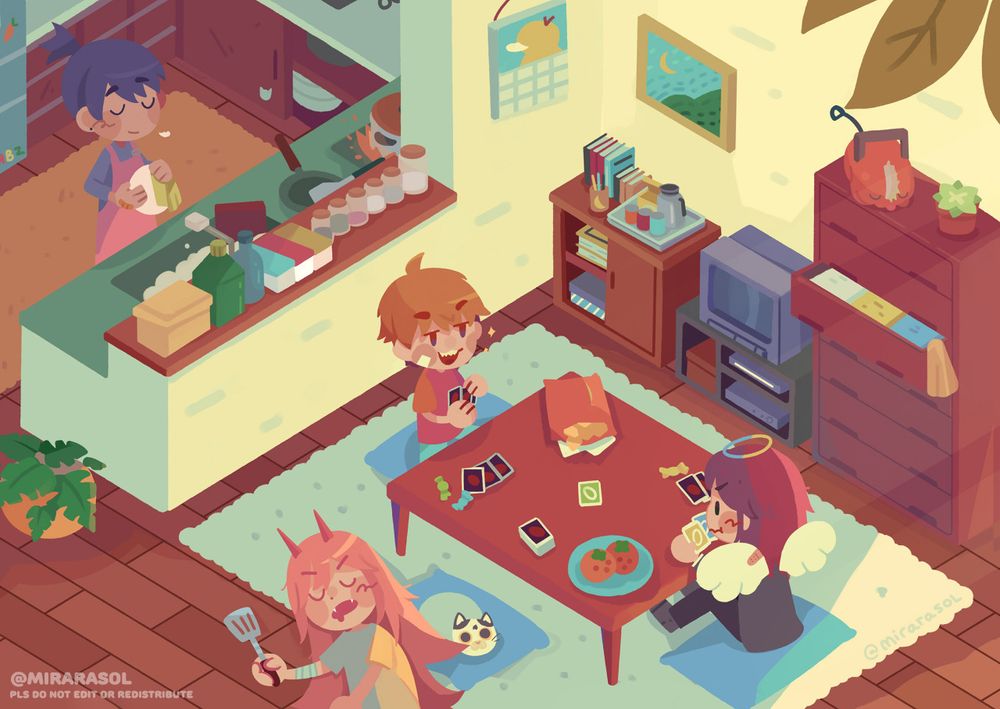 A digital illustration of characters hanging out at Hayakawa family’s shared apartment.  Aki is at the counter washing dishes with a fond and exasperated smile. On the living room sitting at the low table at opposite sides is Denji and Angel playing Uno. On the left side of the table is Power taking a nap while holding a kitchen spatula beside her is Meowy the cat. On the shelf at the right most part of the room is a sleeping Pochita. 