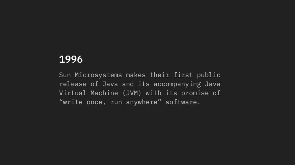 Slide 1
Title: 1996
Text: Sun Microsystems makes their first public release of Java and it's accompanying Java Virtual Machine (JVM) with its promise of "write once, run anywhere" software.