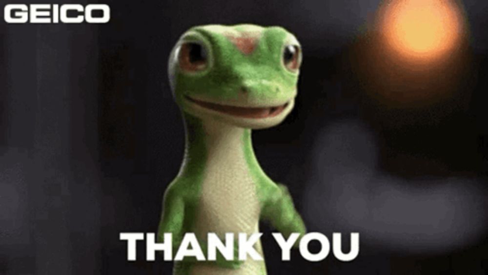 a geico lizard says thank you in front of a blurry background