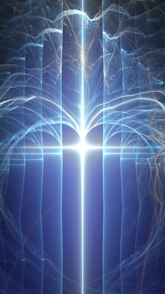 Fractal flame art that appears to depict a bright, blue-white light in the center with a cross-shaped diffraction pattern. Streams of blue-white radiate from the center, with some of them arcing downwards. Filamentous textures in blue with touches of orange fill the upper half of the composition. The background is dark blue. The overall sense of the piece is one of a dynamic burst of energy.