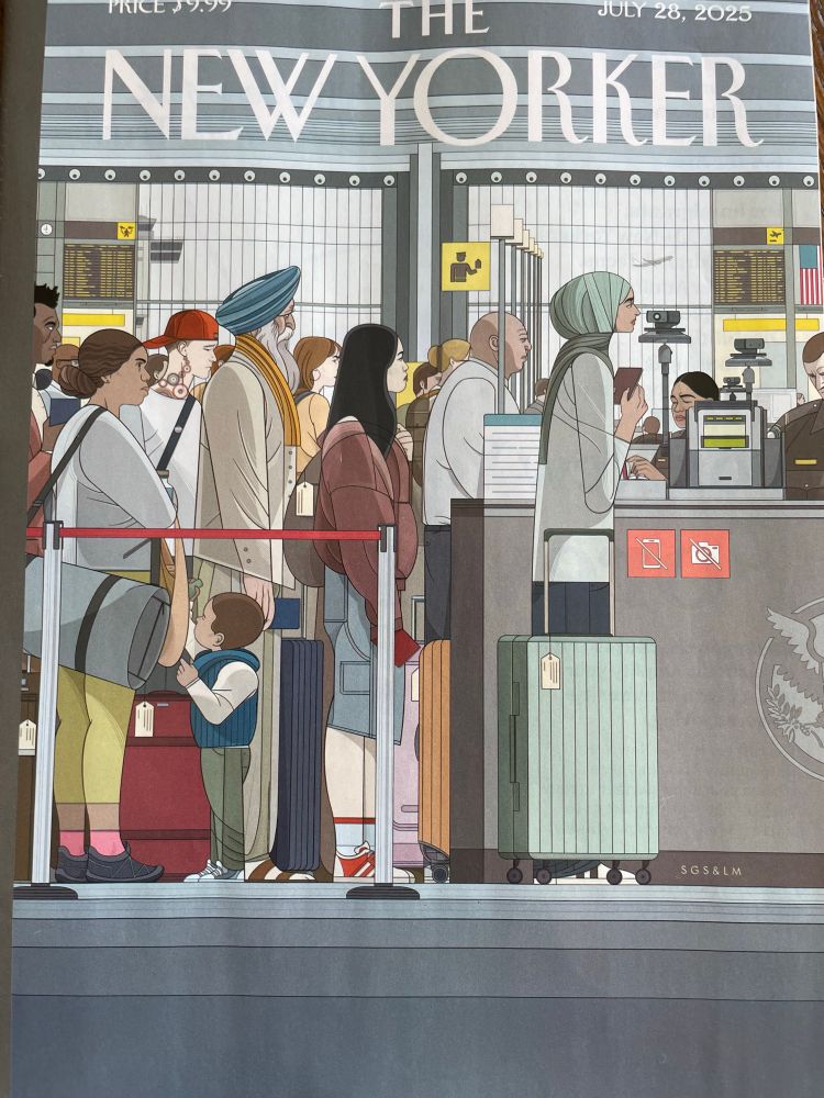 Travellers from different cultural backgrounds stand in line at the border check to enter USA
