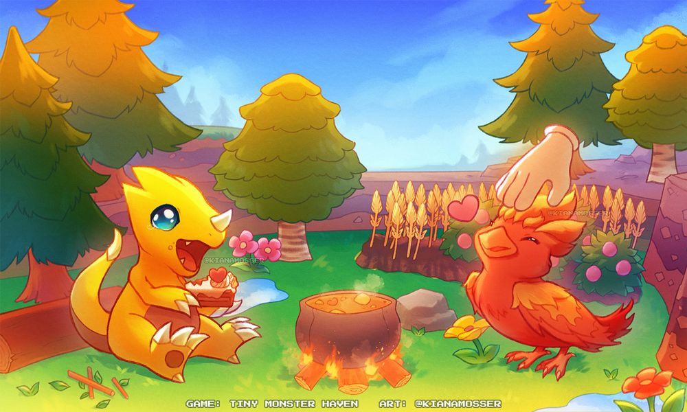 Illustration of the Tiny Haven from Tiny Monster Haven, a small grassy area surrounded by short cliffs and trees on all sides, in the afternoon on a sunny day. There is a small farm with wheat and berries growing, and a campfire where some soup is cooking. Sitting next to the campfire on the left side is a dino monster, happily eating cake. To the right of the campfire is a bird-like monster, Chardinal, smiling and being pet on the head by a hand-shaped cursor. There's a small heart next to Chardinal.