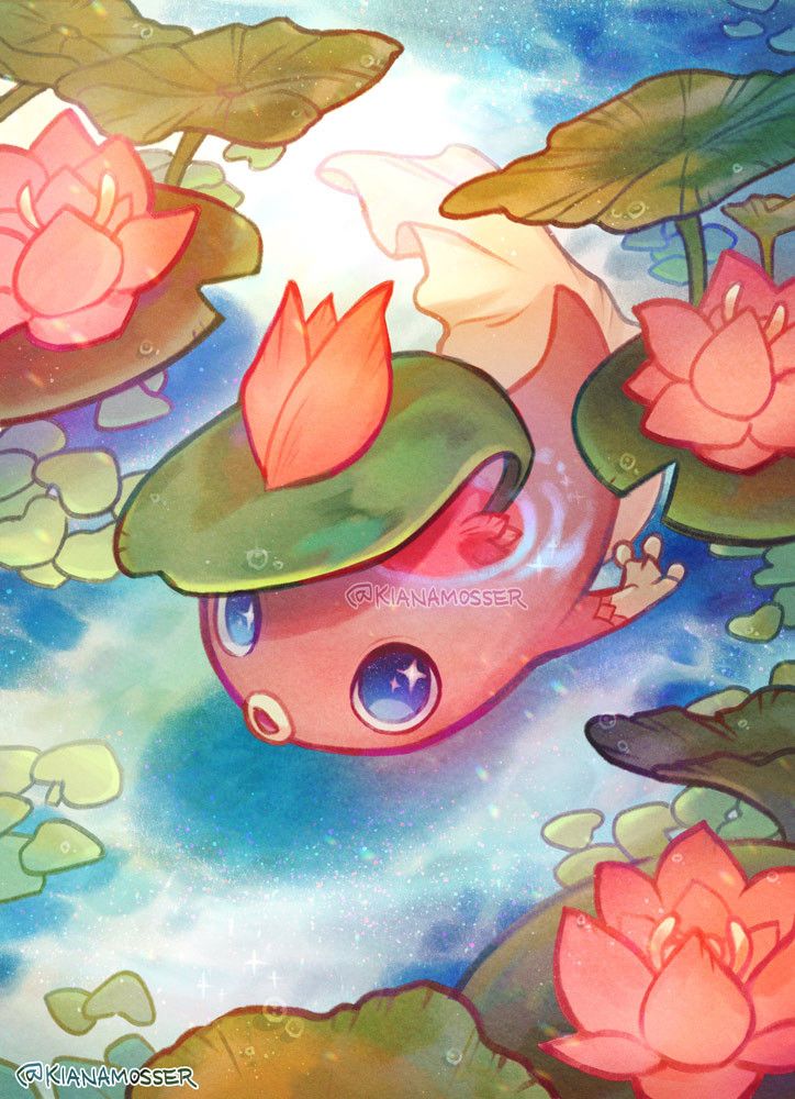Watercolor-style painting of Lilipet, a tadpole-like monster from Monsterpatch, swimming among lilypads.