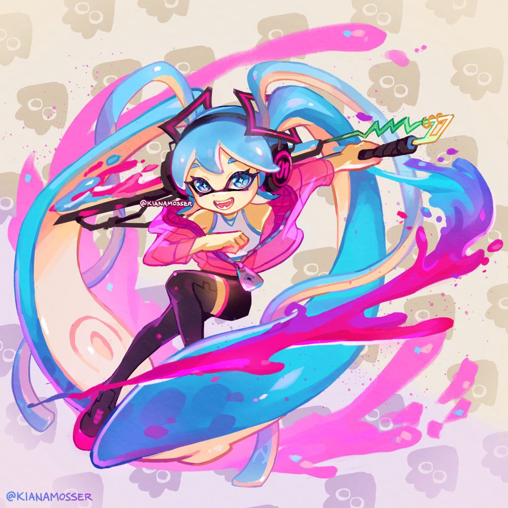 Illustration: Crossover of Splatoon and Hatsune Miku featuring Splatune Mika, an inkling with long twintails, wielding a splatana wiper styled like a green onion. Text: @KianaMosser