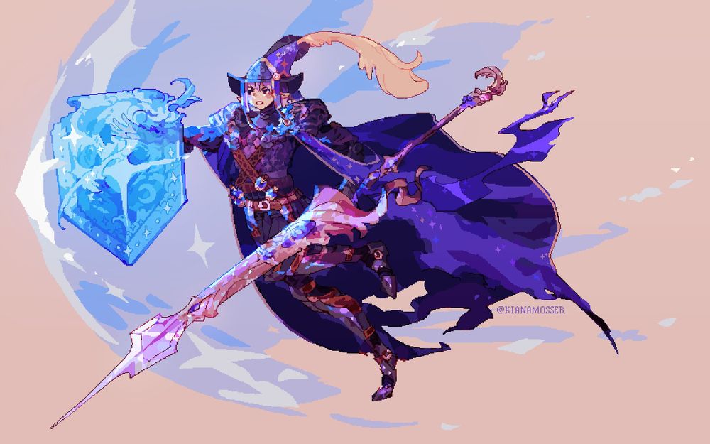 A pixel art illustration depicting a witch knight in armor casting an Aegis spell. There is a large blue magical shield in front of the hand she's casting with. She's wielding a polearm-lance hybrid. There are mana potions on her leather belts. Her helmet has a large yellow feather coming out of the top.