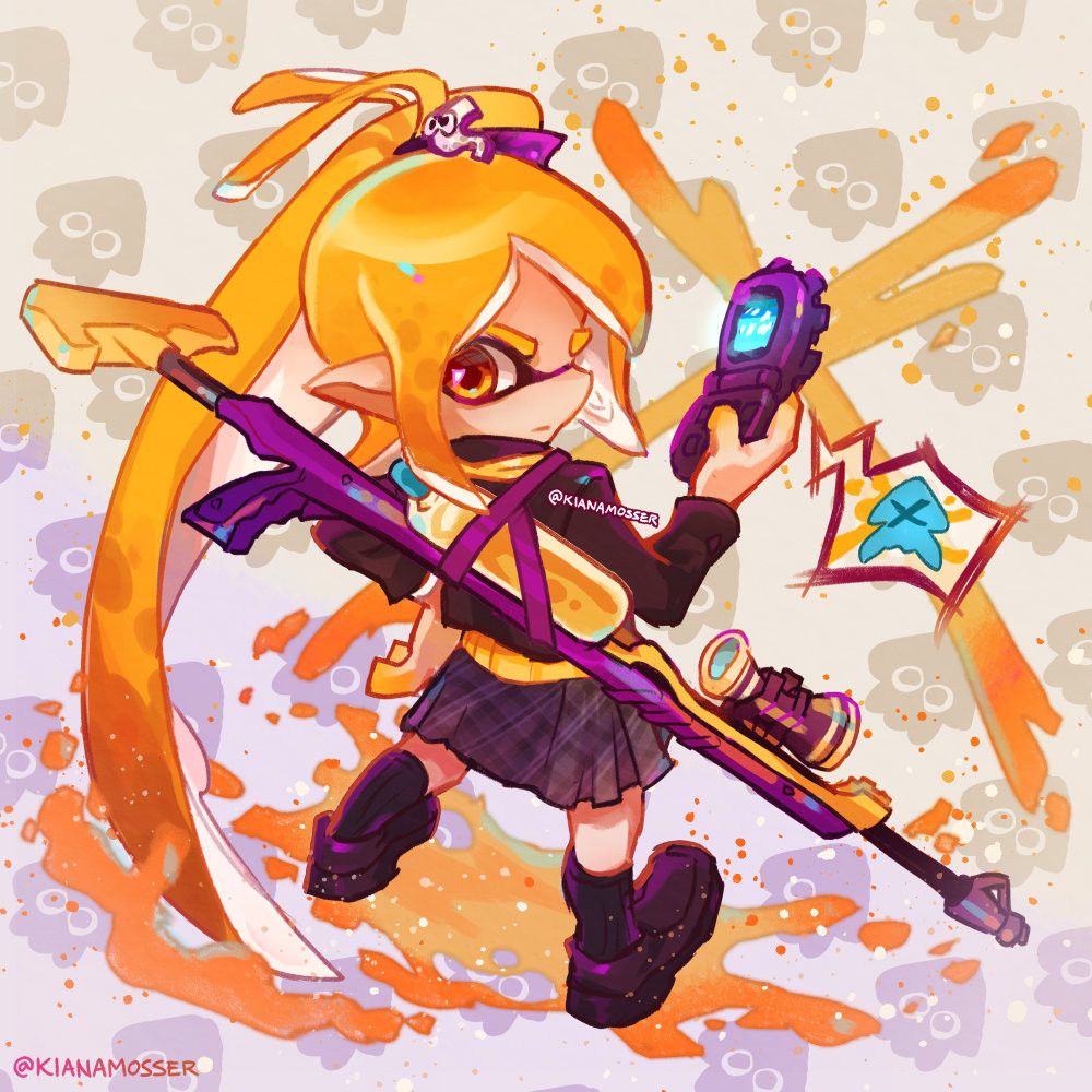 Illustration: Crossover of Splatoon and Vocaloid featuring Akita Neru, an inkling with a long side ponytail, with a charger equipped to her back. She's sending a message on her sea cucumber phone, which has a splatted squid in Miku's colors. Text: @KianaMosser