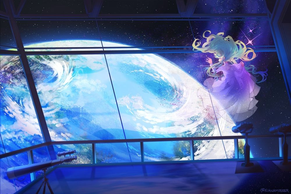 Illustration: High up in space, a lone girl views the Earth from the panoramic glass window of an observation deck, surrounded by telescopes.