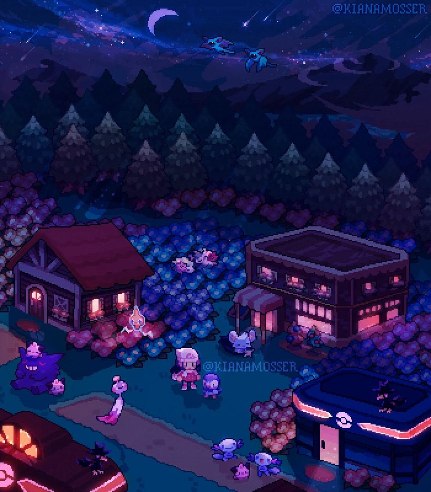 An isometric pixel art diorama of Floaroma Town from Pokemon Diamond and Pearl at night. Dawn and Piplup are standing in the center of town. There are many Pokemon throughout the town: Zubats flying in the sky, Shaymin sleeping in the flowers, Gengar, Cleffas, and Shinx sleeping, Rotom by a house, Chingling near Gengar, and Woopers and a Cleffa by the PokéMart. The artist's signature says @KianaMosser.