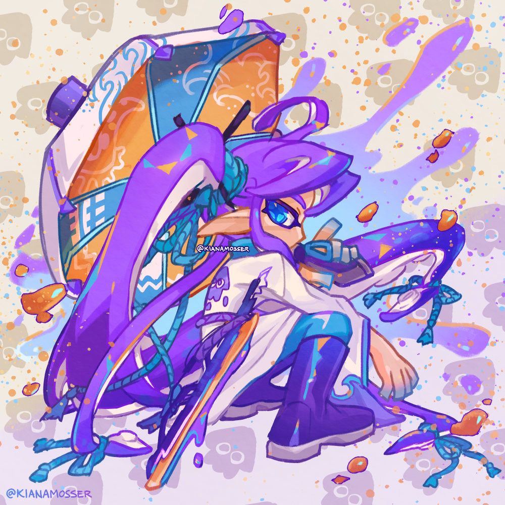 Illustration: Crossover of Splatoon and Vocaloid featuring Kamui Gakupo as an inkling, squatting and holding a splat brella. On his waist is a splatana wiper. Text: @KianaMosser