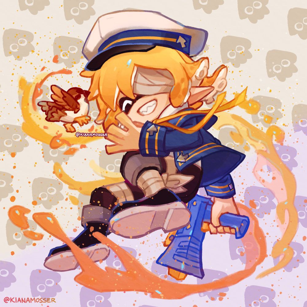 Illustration: Crossover of Splatoon and Vocaloid featuring Oliver as an inkling, grinning and happily jumping with his sparrow. He's holding a Splattershot Jr. Text: @KianaMosser