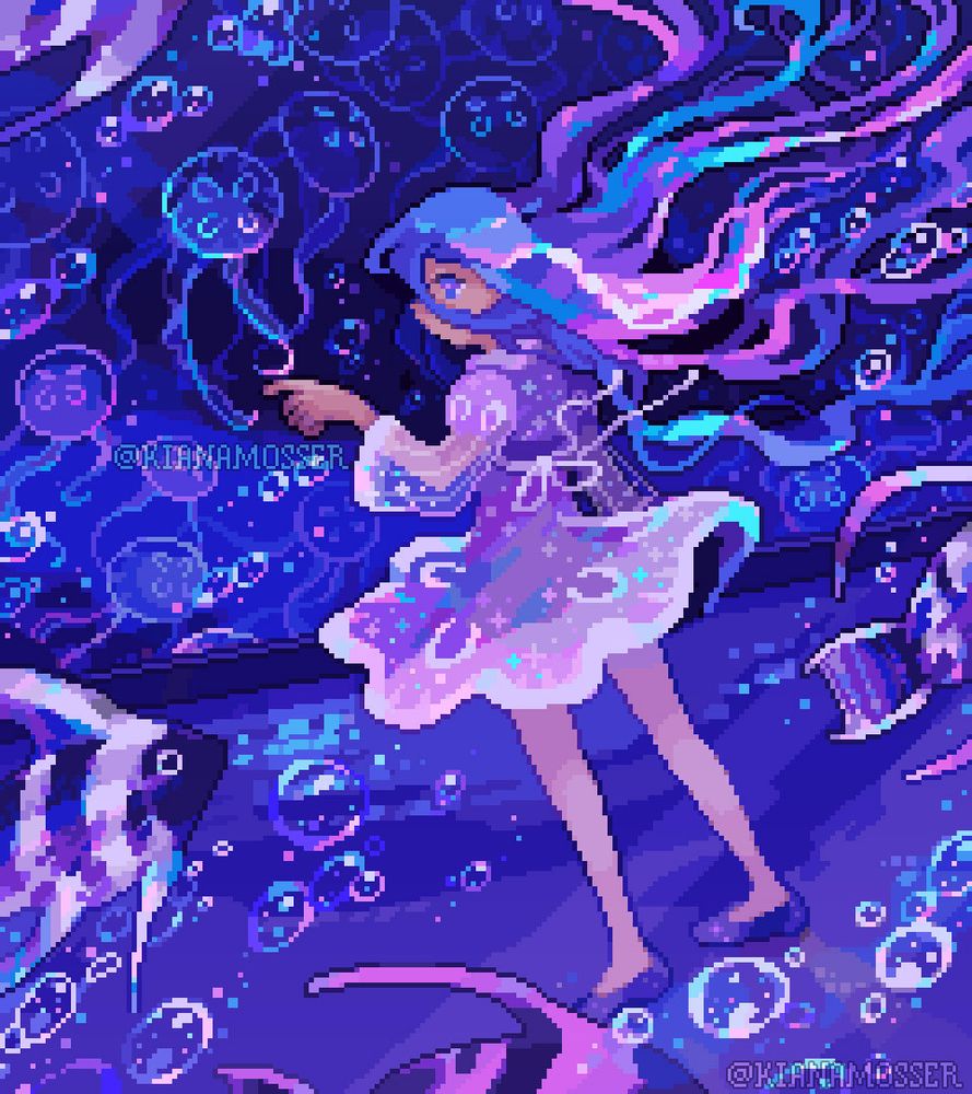 Completed pixel art, featuring a girl in a moon jelly dress at an aquarium, surrounded by fish and moon jellies.