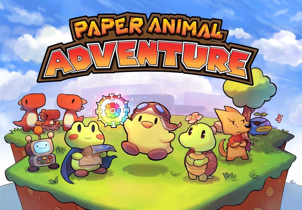 A title screen illustration for Paper Animal Adventure, featuring the main characters of the game. Peep is holding a rainbow-colored gear while Shelp the turtle looks at it with an expression of wonder. Kwak the frog is holding a map. Cookie is looking to the side, arms crossed. Plantling is standing under a tree with a butterfly nearby.