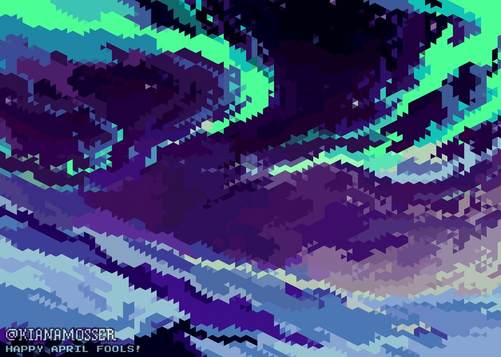 Pixel art using triangles instead of squares: On a windy night atop a mountain, an aurora illuminates the sky and ice crystals in the air.