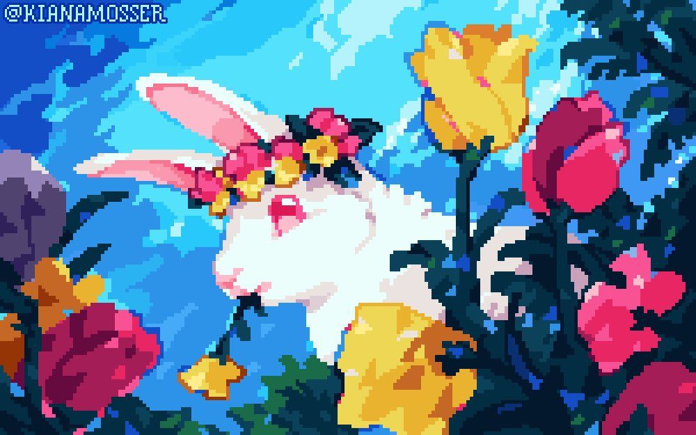 Illustration: You're on the ground in a field of flowers, next to a bunny wearing a flower crown while eating a flower.
