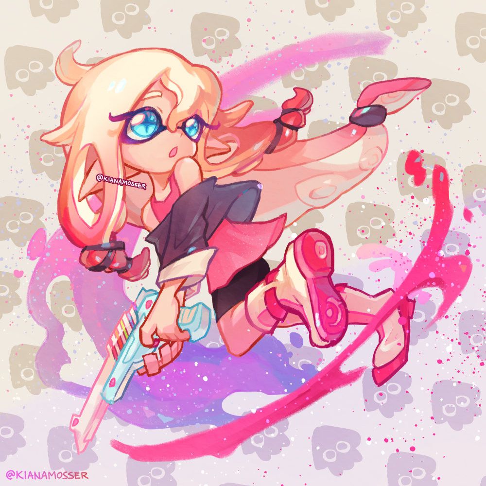 Illustration: Crossover of Splatoon and Vocaloid featuring IA as an inkling, wielding a rainbow N-ZAP. Text: @KianaMosser