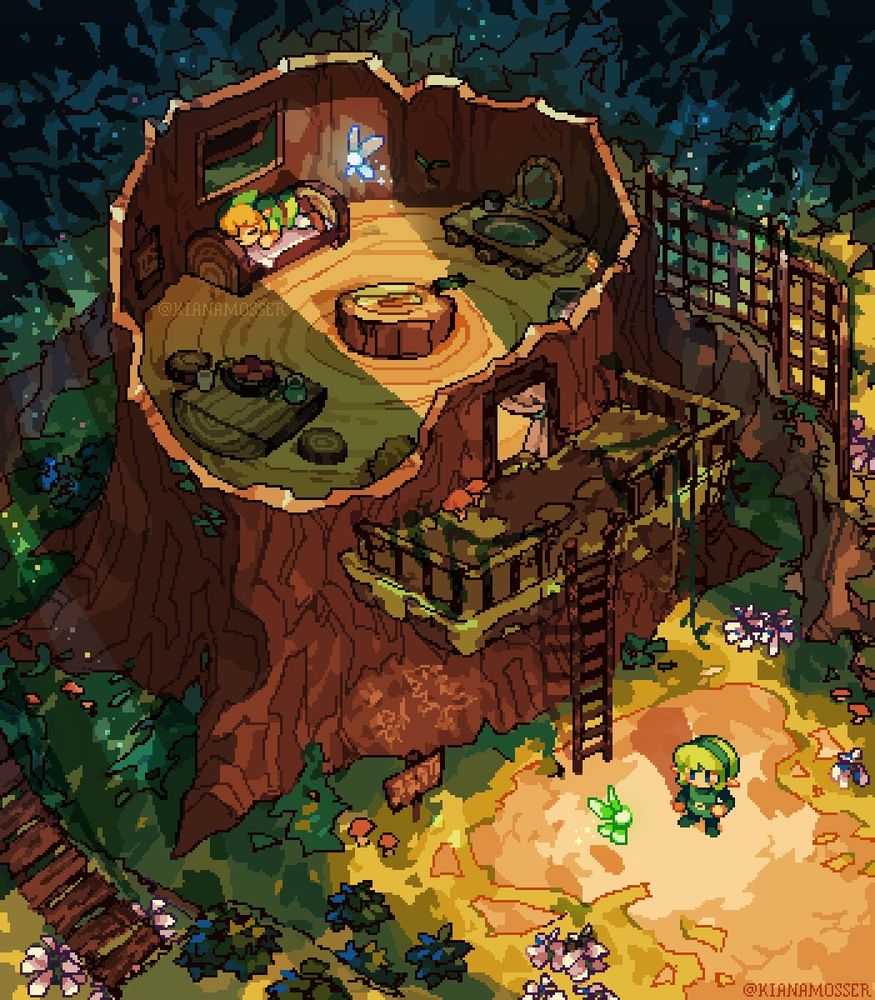 A pixel art rendition of Link's House from the beginning of Ocarina of Time. The perspective is similar to a diorama or an isometric view. Link is sleeping in his bed with Navi floating next to him. Saria and her fairy are waiting at the base of the tree that Link lives in.