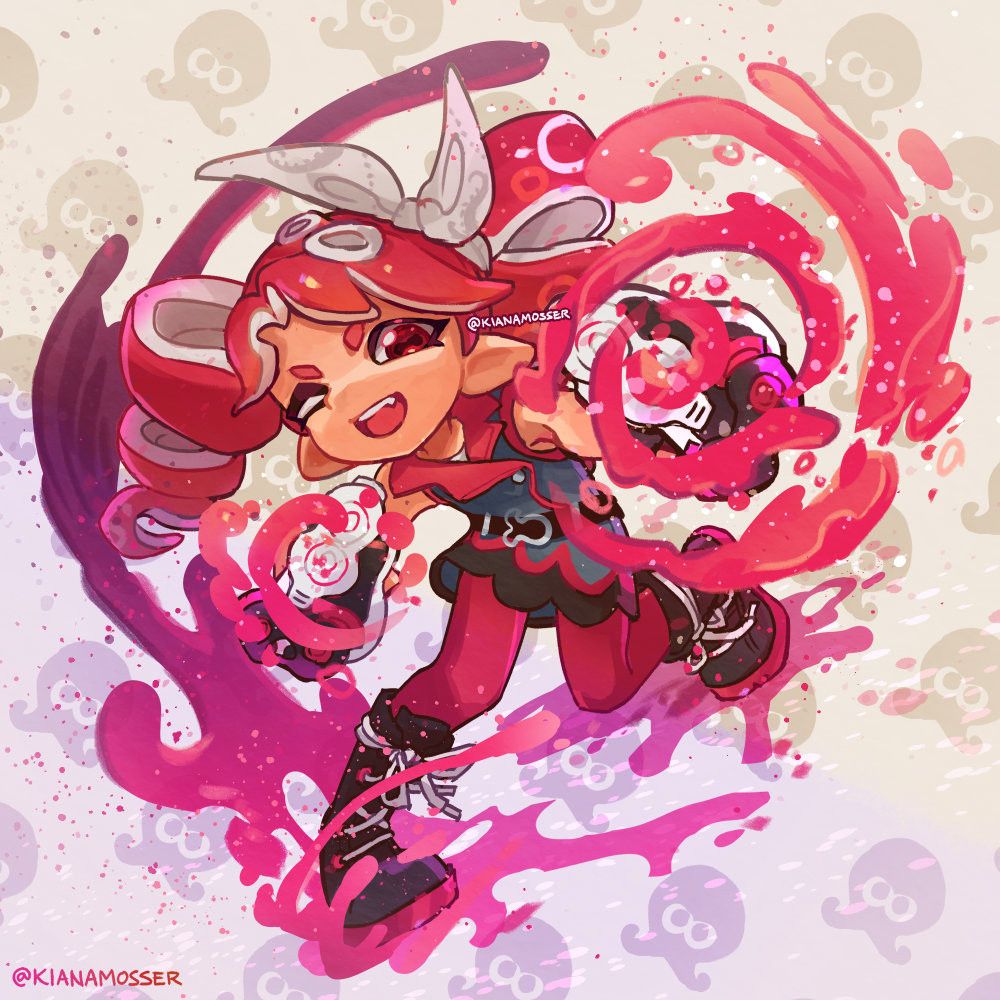 Illustration: Crossover of Splatoon and SynthV featuring Teko, an octoling with tentacles fashioned into twin drill shapes, wielding dualies. She's firing ink towards you in a spiral shape. Text: @KianaMosser