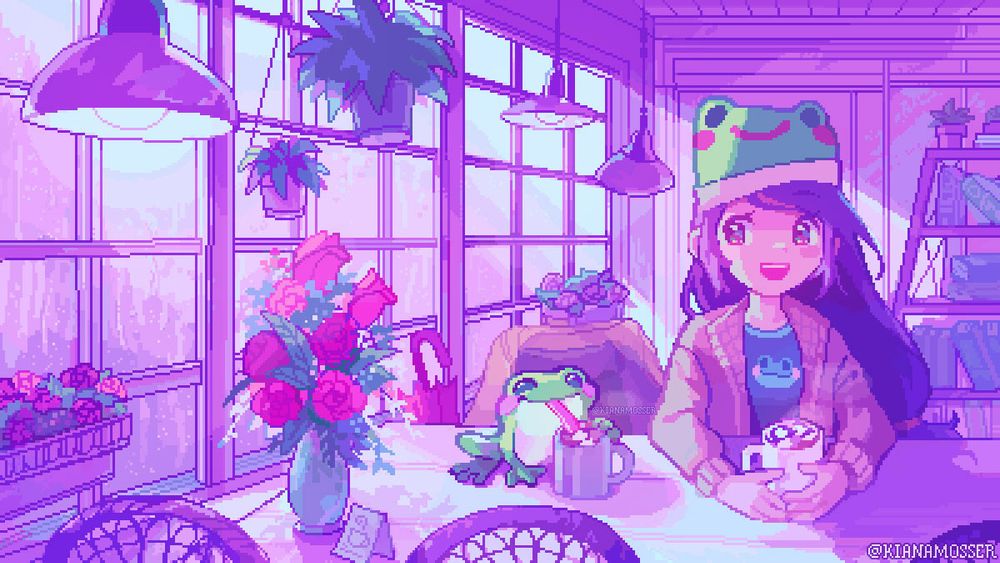 Pixel art: Inside a café on a rainy day, a girl wearing a frog hat and t-shirt sits beside a frog. Both of them are happily sipping from their own cups of hot cocoa. The café is decorated with flowers, potted plants, and books. The rain is beginning to stop, soft sunlight shining through the large windows beside their table.