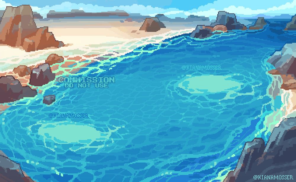 Pixel art of an ocean background, with stretches of sand and rocks