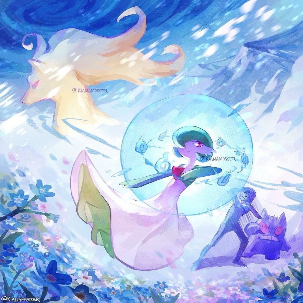 Watercolor-style painting of Gardevoir protecting Gengar from Ninetales’ curse atop Mt. Freeze. The falling snow turns to forget-me-not flowers at the bottom of the painting