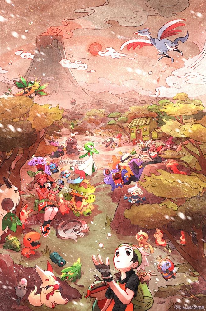 Watercolor-style illustration of volcanic Route 113 from Pokémon Emerald