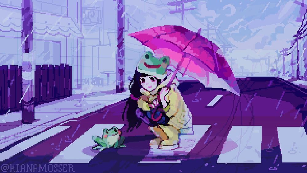 A pixel art illustration of a girl happily meeting a frog in the crosswalk of a rainy town. The girl is wearing a frog hat and holding an umbrella.
