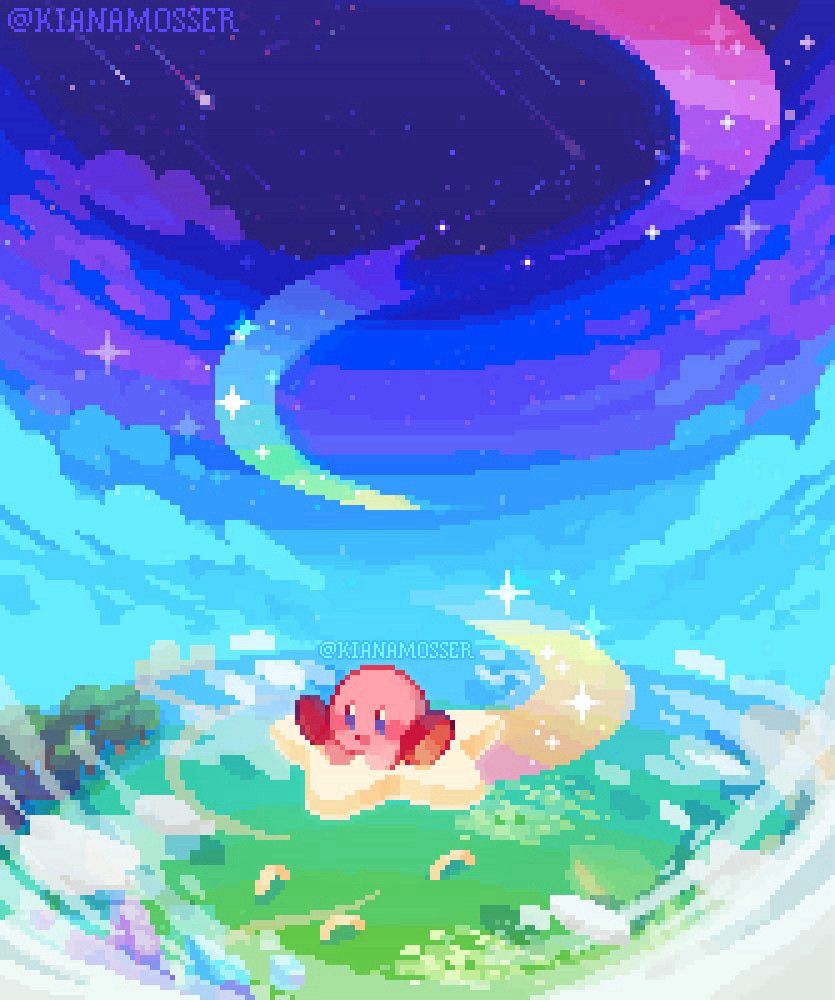 Pixel art: Kirby flying over Dream Land on his warp star, leaving a rainbow trail behind.