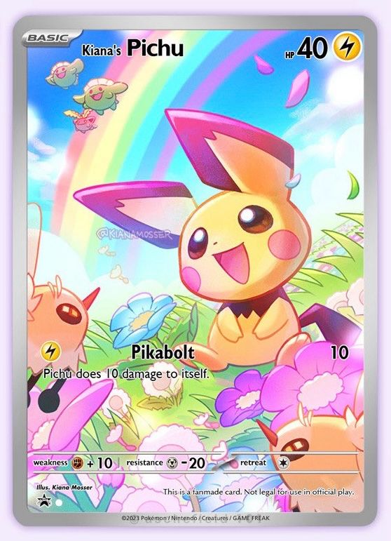 Illustration in the style of a Pokémon card. Pichu is looking up in the sky at a rainbow, surrounded by flowers. Two Cutiefly are also looking up. The wind is blowing, causing flower petals and dandelion seeds to float. Skiploom and Hoppip are flying through the air. Card text: Kiana's Pichu, 40 HP. Baby Pokemon. Pikabolt, 10. Pichu does 10 damage to itself. This is a fanmade card. Not legal for use in official play.