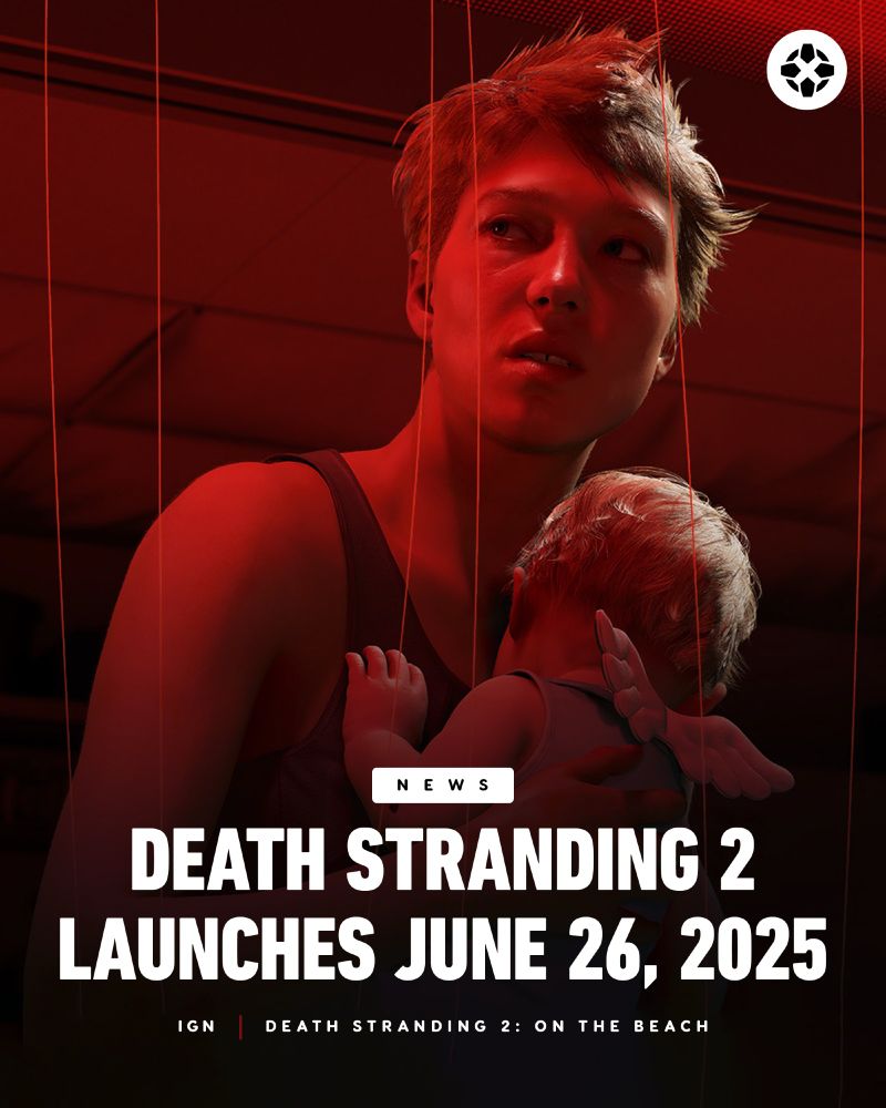 Promotional image of Death Stranding 2, featuring Léa Seydoux as the character Fragile, holding a child with angel wings.

Text reads: 
Death Stranding 2 launches June 26, 2025