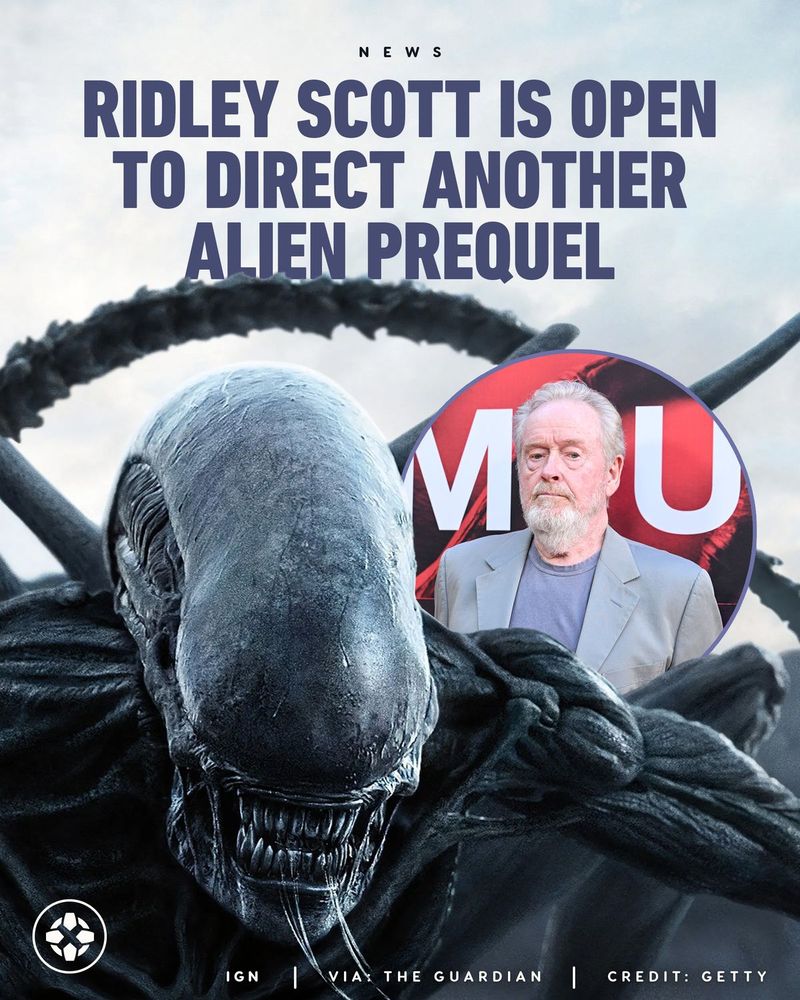 One of the creatures from Alien: Covenant on all fours, drooling against a gray sky with a picture-in-picture of Ridley Scott. Caption reads: Ridley Scott is Open to Direct Another Alien Prequel
