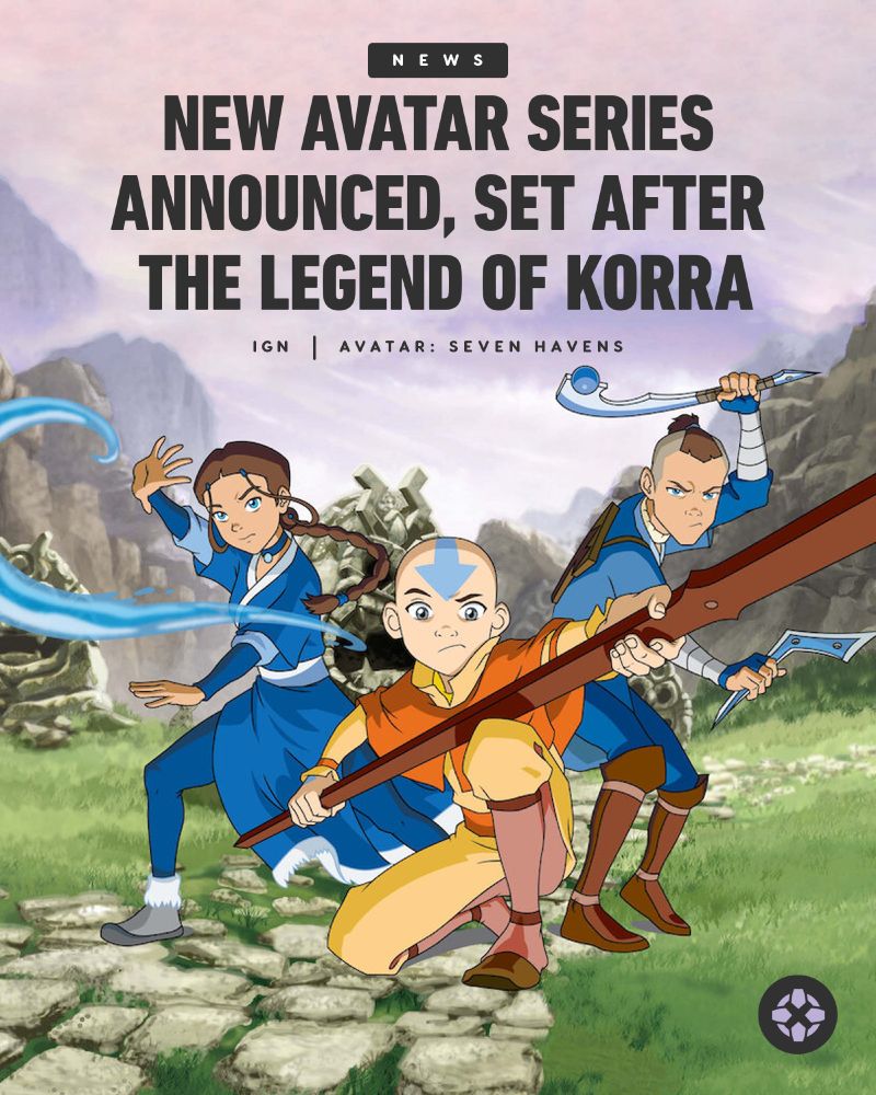 Promotional image for Avatar: The Last Airbender, features characters Aang Katara and Sokka

Text reads: New Avatar Series Announced, Set After
 The Legend of Korra
